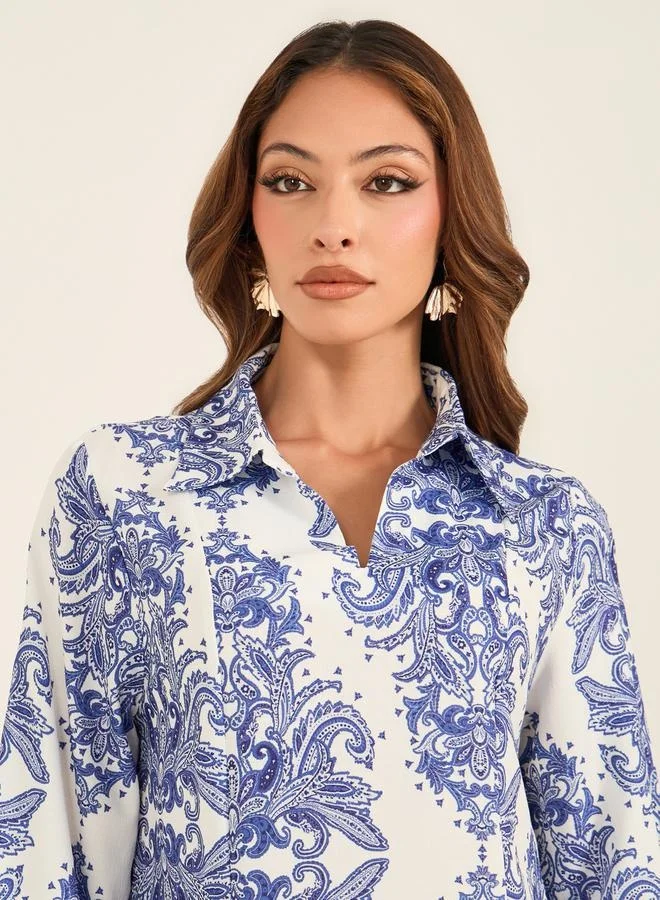 كي أل All-Over Print Collared Flared Jalabiya by Styli