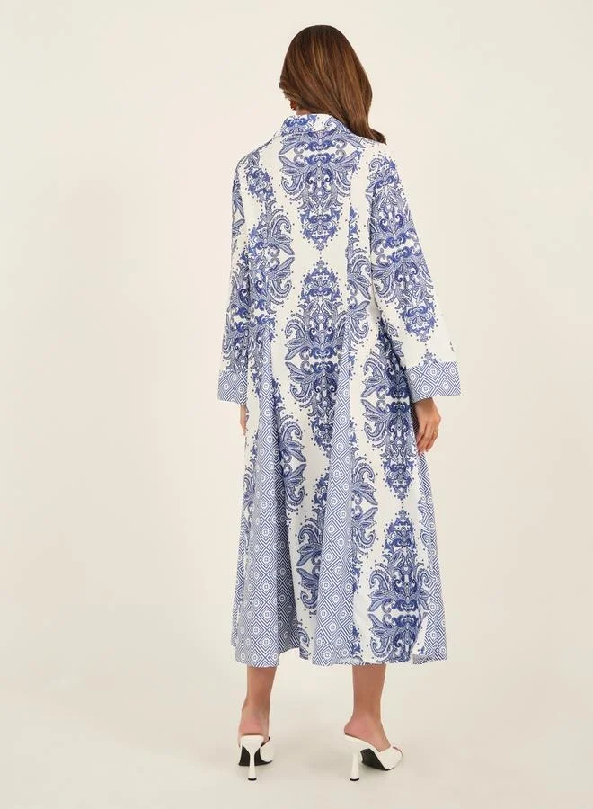 كي أل All-Over Print Collared Flared Jalabiya by Styli