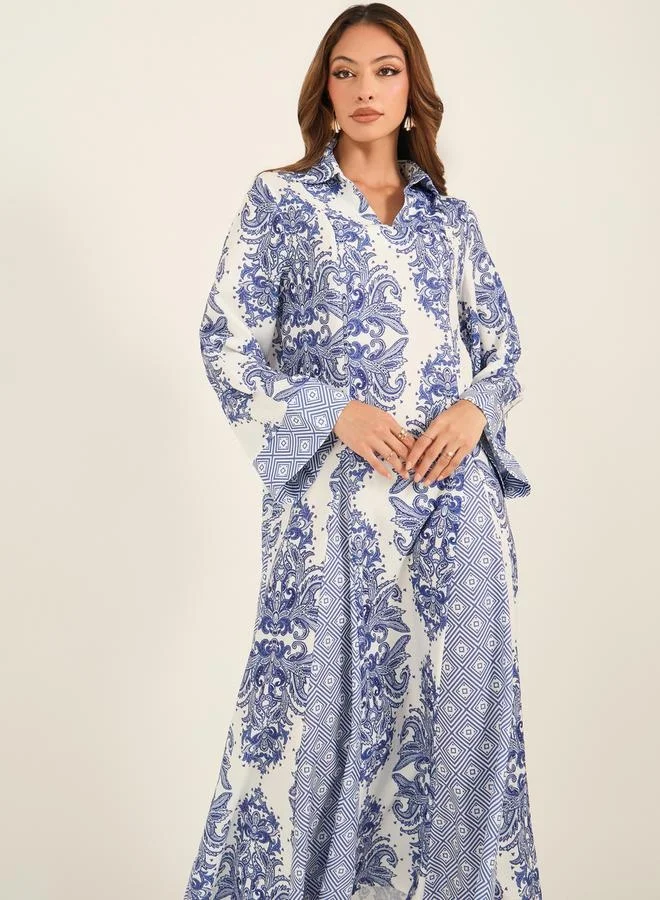 كي أل All-Over Print Collared Flared Jalabiya by Styli