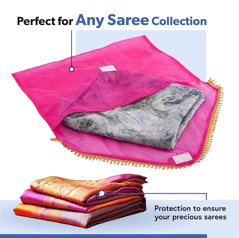 Kuber Industries 12 Pcs Double Layer Organza Saree Covers for Gifting with Flower Flap Closure | Wedding Saree Cover | Single Saree/Suit Packing Shagun Cloth Cover | Golden Lace - Orange & Pink - Image 5