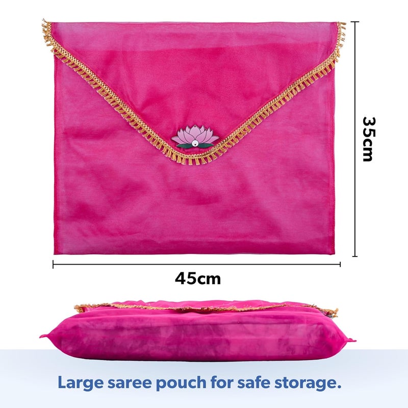 Kuber Industries 12 Pcs Double Layer Organza Saree Covers for Gifting with Flower Flap Closure | Wedding Saree Cover | Single Saree/Suit Packing Shagun Cloth Cover | Golden Lace - Orange & Pink - Image 3