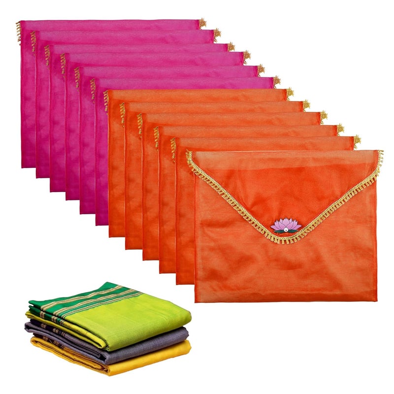 Kuber Industries 12 Pcs Double Layer Organza Saree Covers for Gifting with Flower Flap Closure | Wedding Saree Cover | Single Saree/Suit Packing Shagun Cloth Cover | Golden Lace - Orange & Pink - Image 1