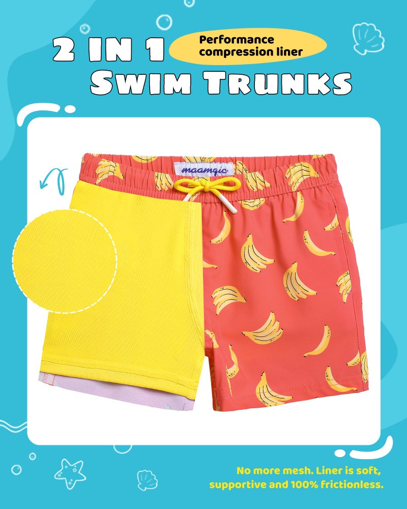 maamgic Boys Swim Trunks with Compression Liner Toddler Stretch Swim Shorts Quick Dry Swimming Trunks Boxer Brief 2 in 1 Beach Shorts Orange Banana 5/6 - Image 3