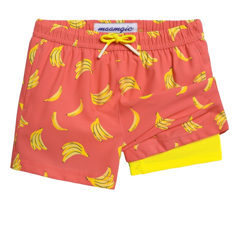 maamgic Boys Swim Trunks with Compression Liner Toddler Stretch Swim Shorts Quick Dry Swimming Trunks Boxer Brief 2 in 1 Beach Shorts Orange Banana 5/6 - Image 1