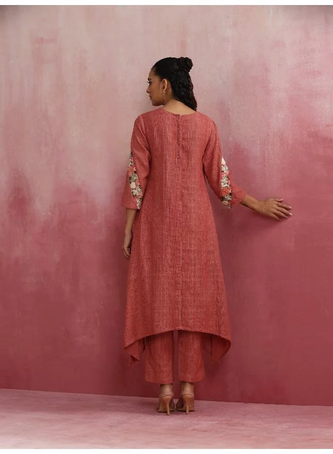 ترو برونز trueBrowns Peach Cotton Dobby Kurta Set