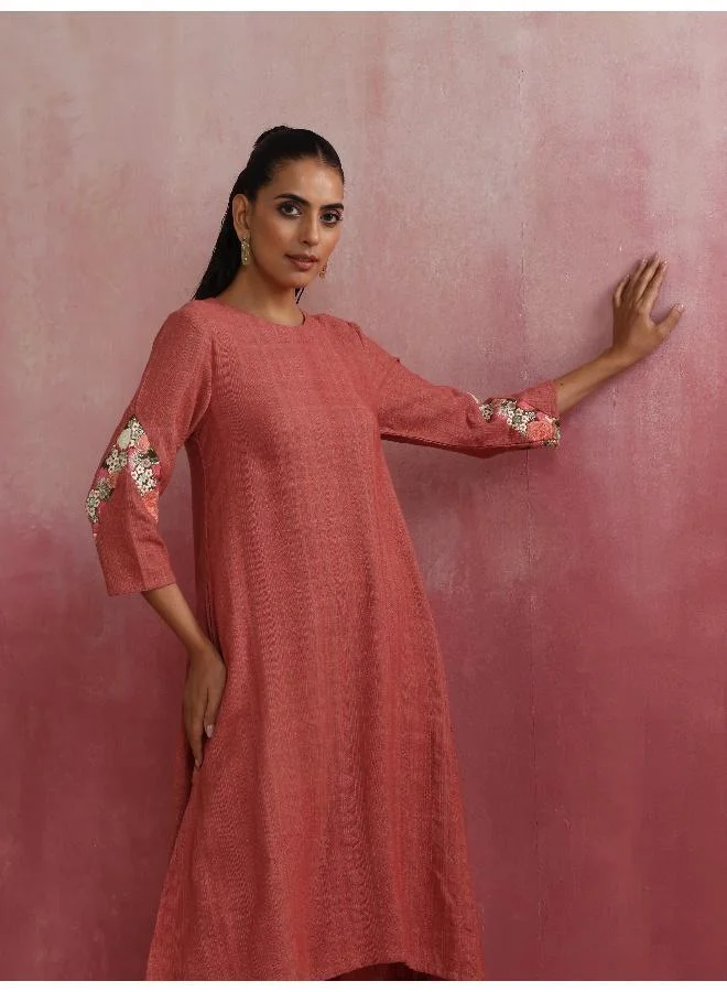 trueBrowns Peach Cotton Dobby Kurta Set