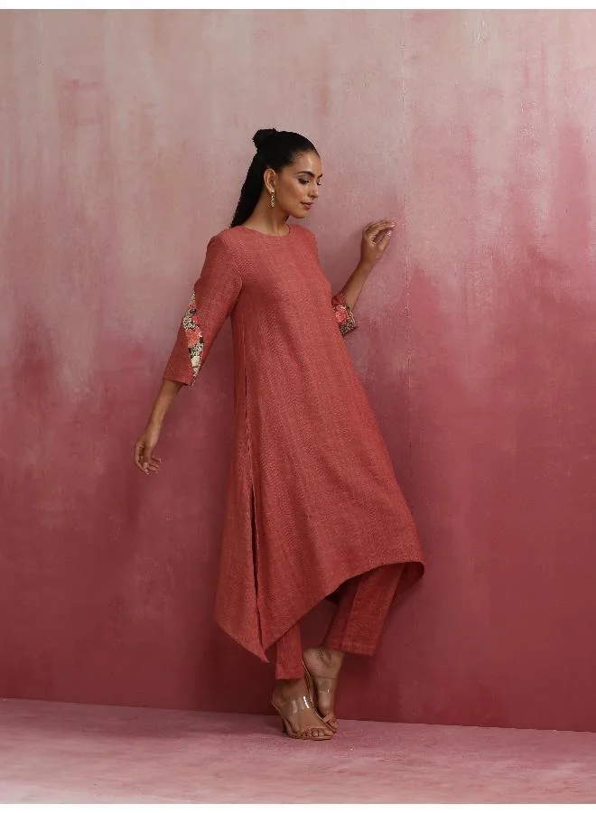 trueBrowns Peach Cotton Dobby Kurta Set