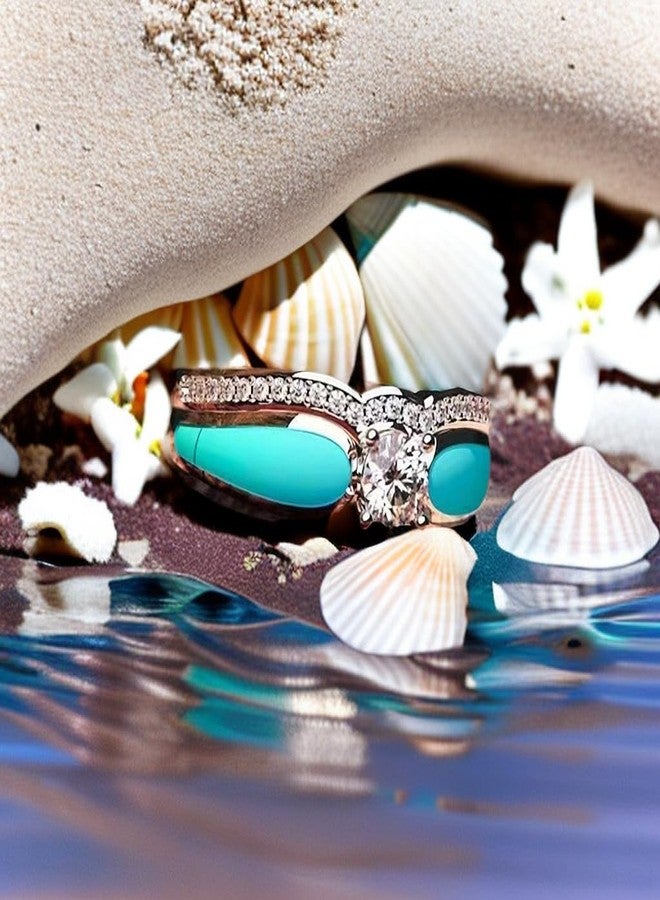 طقم خاتمين من الفيروز الطبيعي والماس، مجوهرات غربية، خواتم فضية من الفيروز للنساء، خواتم بوهيمية للمفاصل، خاتم إصبع، خاتم هالة مزدوج، مجوهرات من الفيروز، حجر كريم طبيعي لامع دائري - مقاس 7 - Image 2