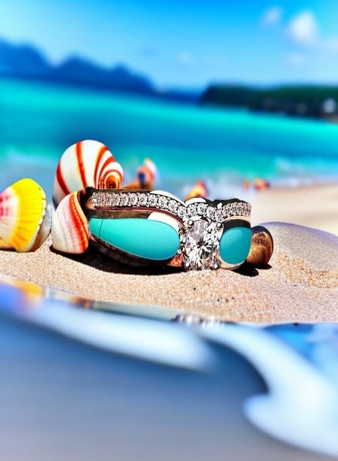 طقم خاتمين من الفيروز الطبيعي والماس، مجوهرات غربية، خواتم فضية من الفيروز للنساء، خواتم بوهيمية للمفاصل، خاتم إصبع، خاتم هالة مزدوج، مجوهرات من الفيروز، حجر كريم طبيعي لامع دائري - مقاس 7 - Image 5