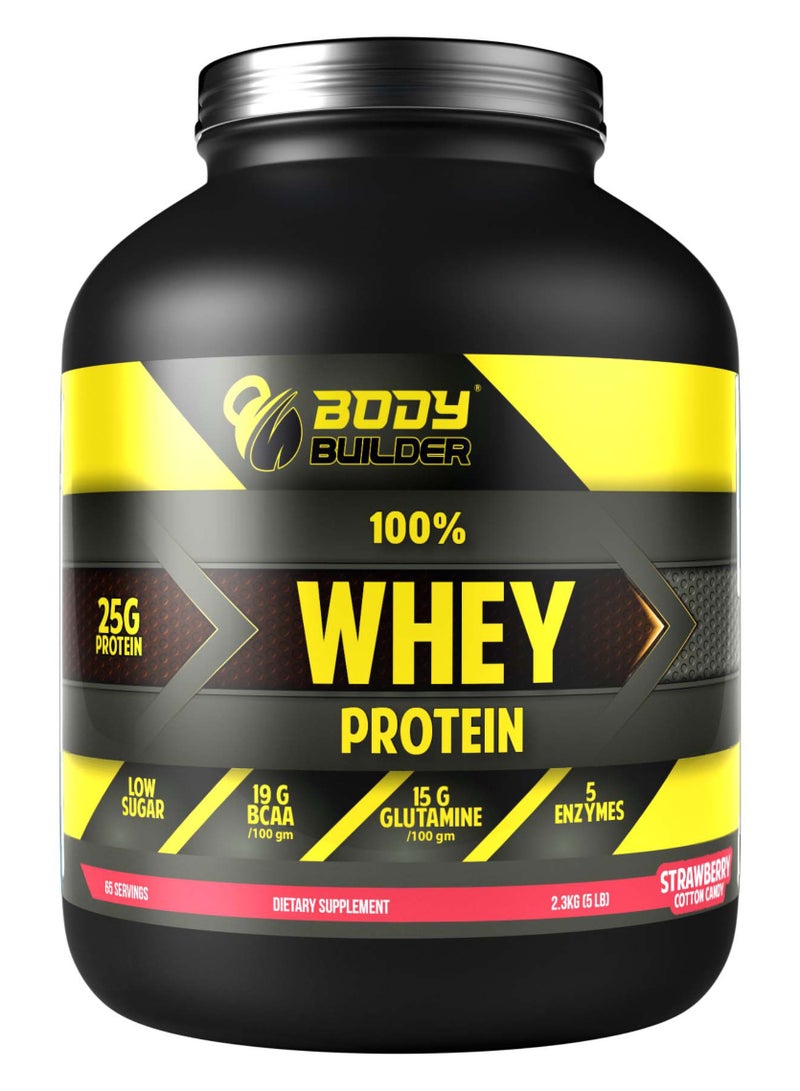 بودي بيلدر مسحوق بروتين مصل اللبن 100% - بنكهة الفراولة، 5 أرطال، مزيج معزول ومركّز، 25 غ بروتين لكل حصة مع الأحماض الأمينية المتفرعة السلسلة، والجلوتامين، والإنزيمات الهاضمة - Image 1