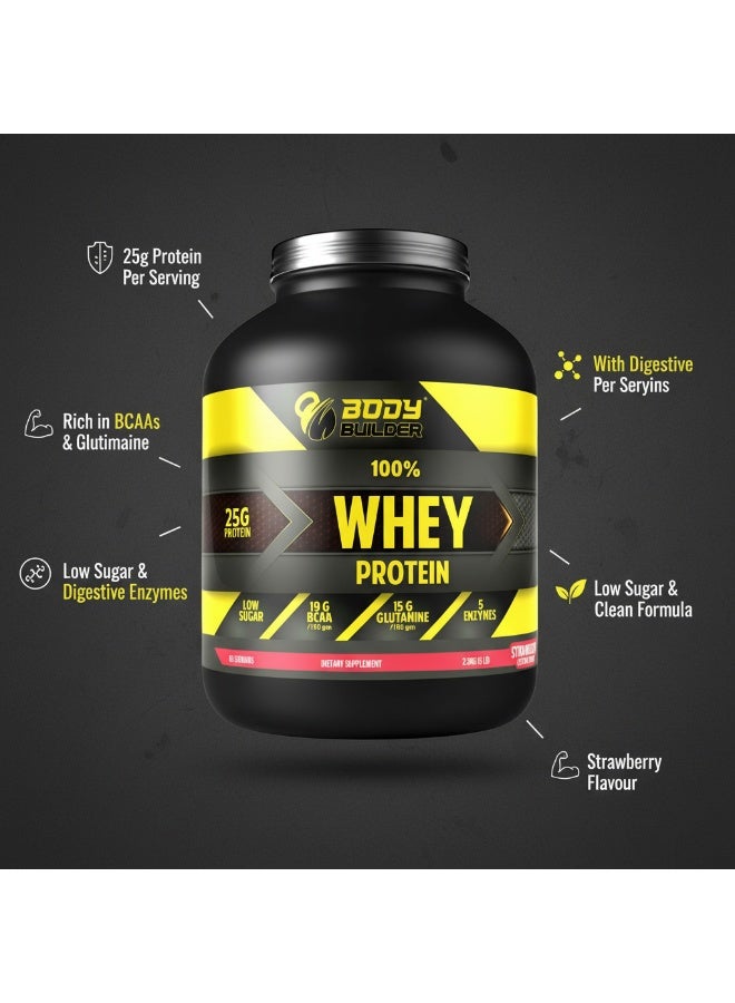 بودي بيلدر مسحوق بروتين مصل اللبن 100% - بنكهة الفراولة، 5 أرطال، مزيج معزول ومركّز، 25 غ بروتين لكل حصة مع الأحماض الأمينية المتفرعة السلسلة، والجلوتامين، والإنزيمات الهاضمة - Image 3