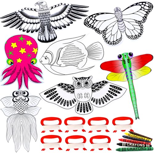 Hengda Kite مجموعة صنع الطائرات الورقية للأطفال من هينغدا - عبوة حفلة تزيين الطائرات الورقية للرسم DIY - طائرات ورقية حيوانية بيضاء للطلاء - خط واحد - تشمل 6 ألوان من الأقلام ويد مع خيوط طيران 7 قطع - Image 1