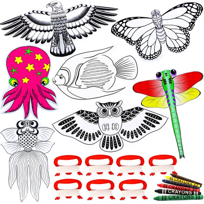 Hengda Kite مجموعة صنع الطائرات الورقية للأطفال من هينغدا - عبوة حفلة تزيين الطائرات الورقية للرسم DIY - طائرات ورقية حيوانية بيضاء للطلاء - خط واحد - تشمل 6 ألوان من الأقلام ويد مع خيوط طيران 7 قطع - Image 3