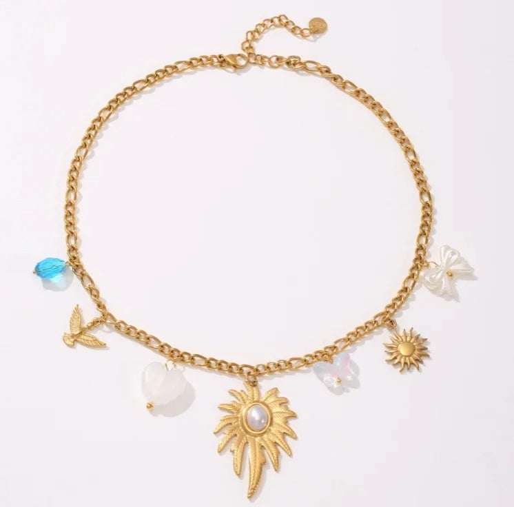 Golden Colorful Stainless Steel Tree Leaf Pendant Necklace - Image 2