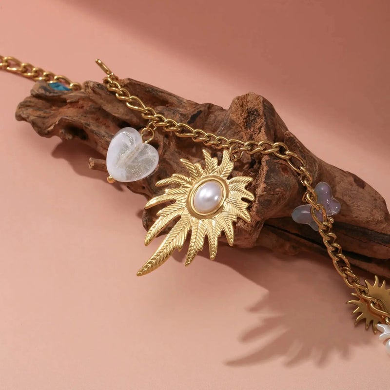 Golden Colorful Stainless Steel Tree Leaf Pendant Necklace - Image 5