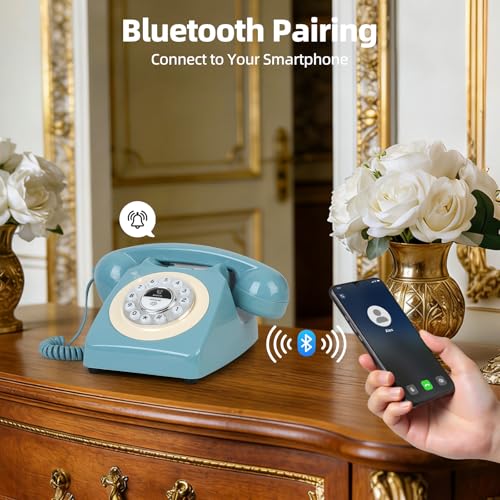 Aokpsrt Retro Blue Bluetooth Landline Phone, Mid-Century Style Desk Telephone with Classic Handset, Loud Vintage Ringtones, Bluetooth Connects to Smartphone, Cute Retro Decor Phone for Bedroom, Home & Office - Image 3