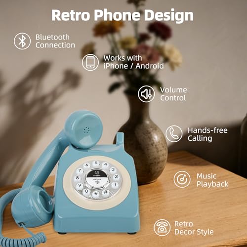 Aokpsrt Retro Blue Bluetooth Landline Phone, Mid-Century Style Desk Telephone with Classic Handset, Loud Vintage Ringtones, Bluetooth Connects to Smartphone, Cute Retro Decor Phone for Bedroom, Home & Office - Image 2