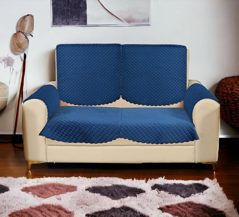 STARNSTYLE Velvet Self Design Quilted Sofa Chair Cover 2 Seater + Arm Cover Blue - Image 1