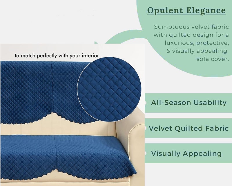 STARNSTYLE Velvet Self Design Quilted Sofa Chair Cover 2 Seater + Arm Cover Blue - Image 3