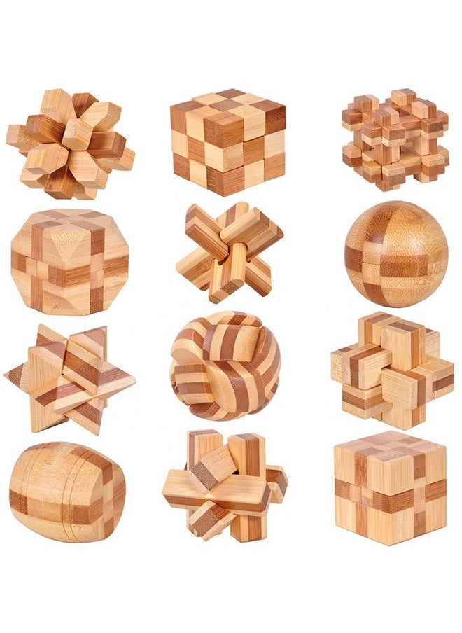 VolksRose - 12Pcs Wooden Brain Teaser Puzzles, Iq Challenge Puzzle Games, Logic Smart Mind Puzzle Box Lock Toy Removing Assembling 3D Small Puzzle Gift Set For Adults Teenagers Kids, 1.8Inch 4.5Cm - Image 1
