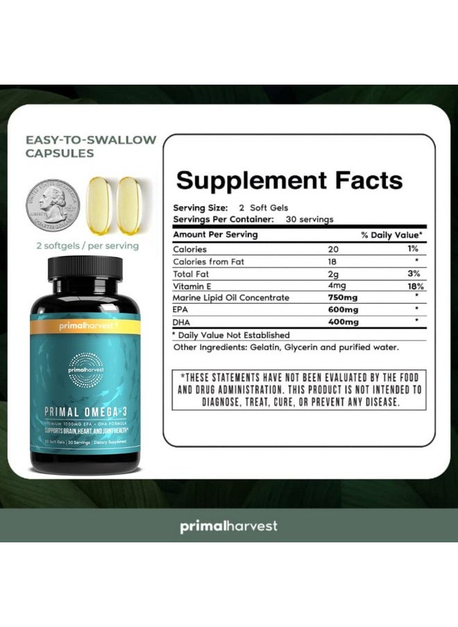 Primal Harvest - Omega 3 Fish Oil Supplements 30 Servings Soft Gels Capsules W/ 1000Mg Epa + Dha Supplements No Fishy Burps Nongmo Omega 3 Fatty Acid - Image 1