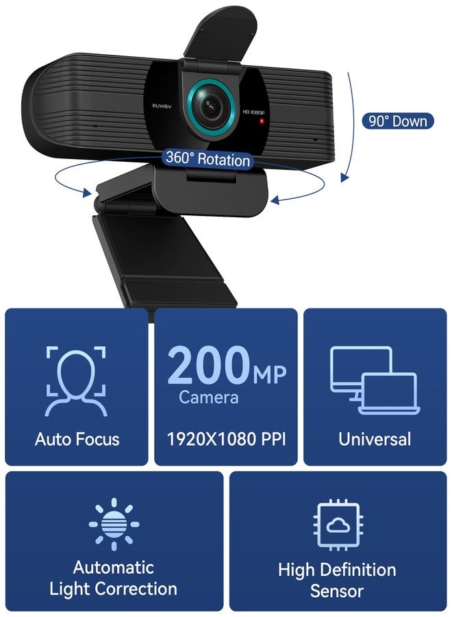 RUWBY Webcam with Built-in Microphone and Rotatable Tripod, 1080P Video and Wide Angle Camera, Privacy Cover (1080P Webcam with USB Cable) - Image 2