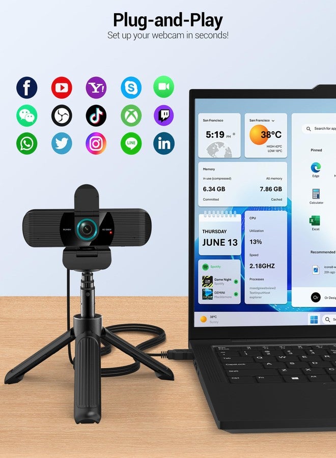 RUWBY Webcam with Built-in Microphone and Rotatable Tripod, 1080P Video and Wide Angle Camera, Privacy Cover (1080P Webcam with USB Cable) - Image 3