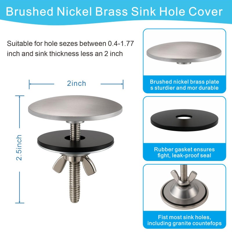 XNTONG 2 Inch Kitchen Sink Hole Cover, Solid Brass Faucet Hole Cover, Brushed Nickel Finish Tap Hole Plate Stopper Cover, Countertop Hole Cover for Kitchen and Bathroom Sinks (Brushed Nickel) - Image 2