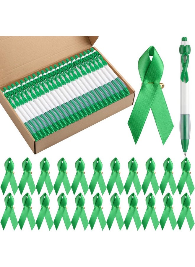Chuangdi 200 Pcs Mental Health Awareness Ink Pens Ribbon Set Disease Awareness Retractable Pen Satin Awareness Ribbons Awareness Ribbon With Safety Pins For Social Event (Green)  - Image 1