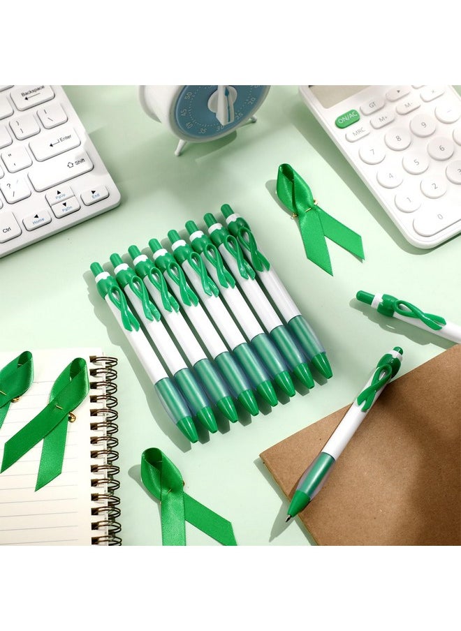 Chuangdi 200 Pcs Mental Health Awareness Ink Pens Ribbon Set Disease Awareness Retractable Pen Satin Awareness Ribbons Awareness Ribbon With Safety Pins For Social Event (Green)  - Image 4