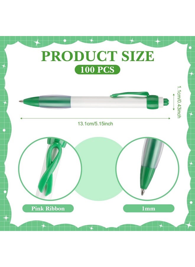 Chuangdi 200 Pcs Mental Health Awareness Ink Pens Ribbon Set Disease Awareness Retractable Pen Satin Awareness Ribbons Awareness Ribbon With Safety Pins For Social Event (Green)  - Image 2