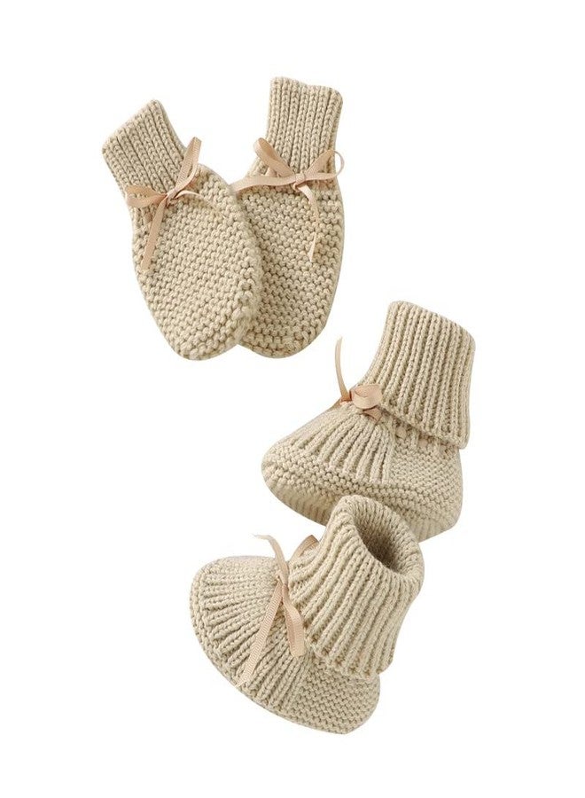 LAWKUL Baby First Walker Botties & Winter Mittens Gloves Newborn Infant Knit Shoes Sock Slipper Full Finger Glove 0-3M Beige - Image 1