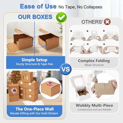 Shallive 4Inch Small Cookie Boxes 50 Pcs Brown Bakery Treat Boxes with Window for Gifting Togo Containers Paper for Cake Slice Macarons Donuts 4x4x25 - Image 3