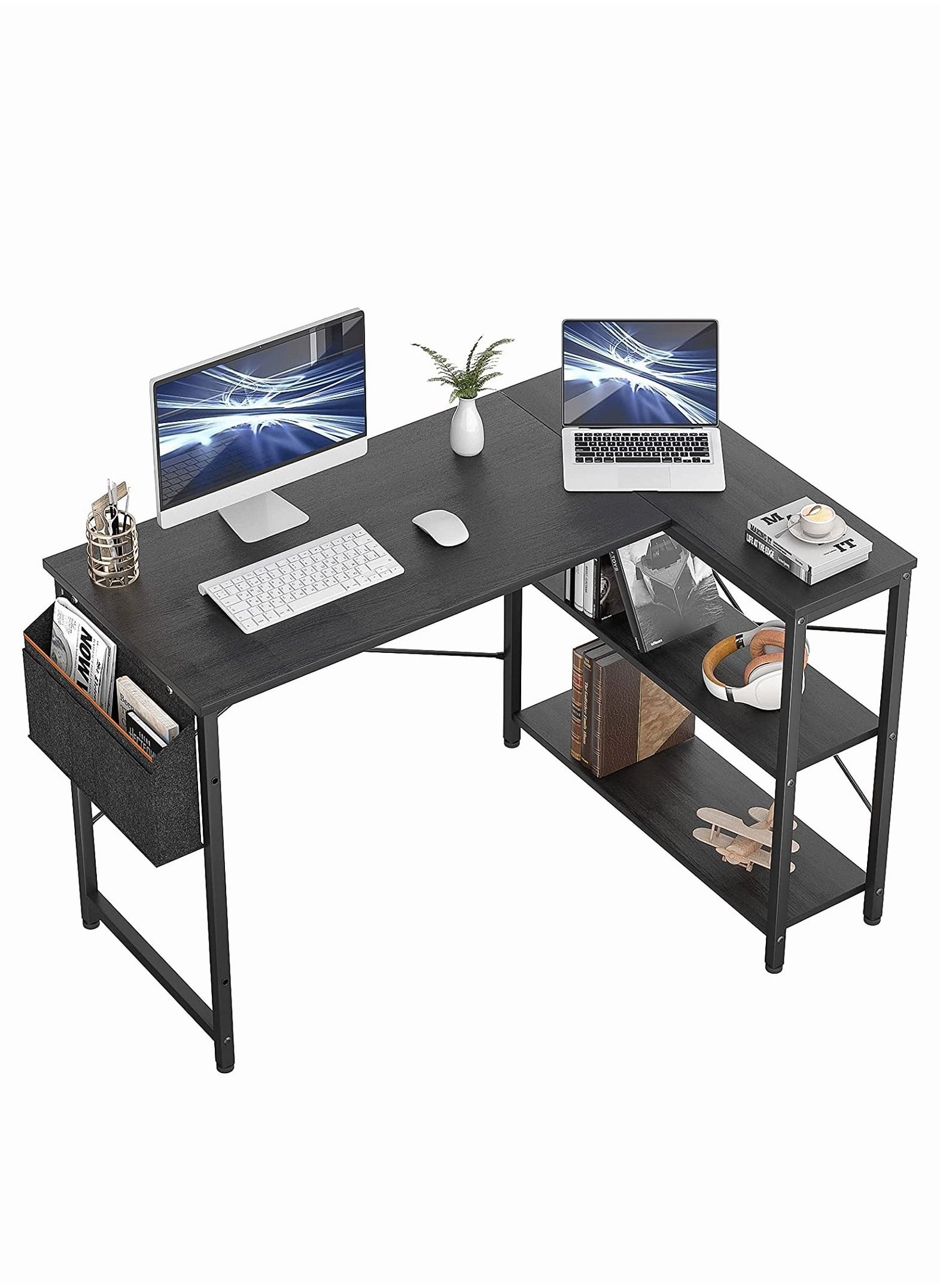 Chulovs L Shaped Computer Desk With Reversible Storage Shelves For Home Office Workstation, Modern Simple Style Writing Desk Table With Storage Bag 120X83X74 Cm 