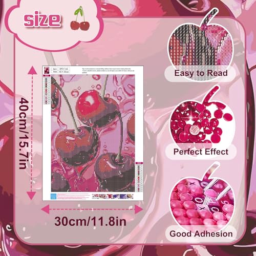 AIBOERL Cherry Diamond Art Kits for AdultsCherry 5D Diamond Painting Kits for Adults BeginnersDIY Full Round Drill Diamond Dot Painting Gem Art Kits for Adult Home Wall Decor 12x16Inch - Image 3