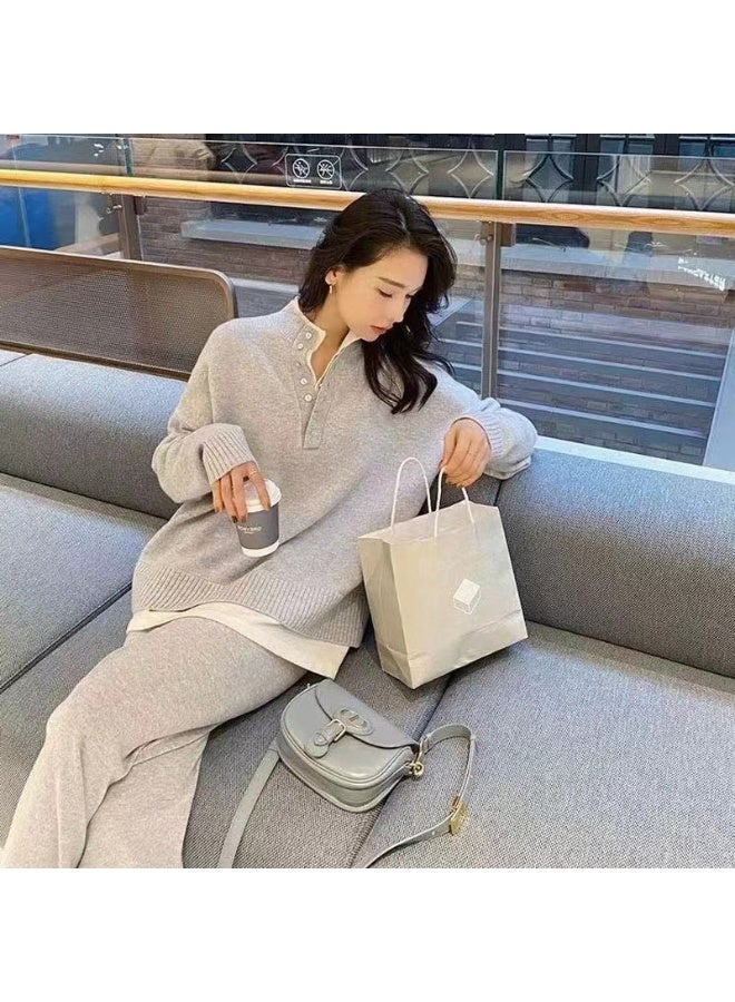 Spring Autumn Women's Sports Sets - New Fashionable Chic Two-Piece Knitted Sweater and Wide Leg Pants, Thickened Design