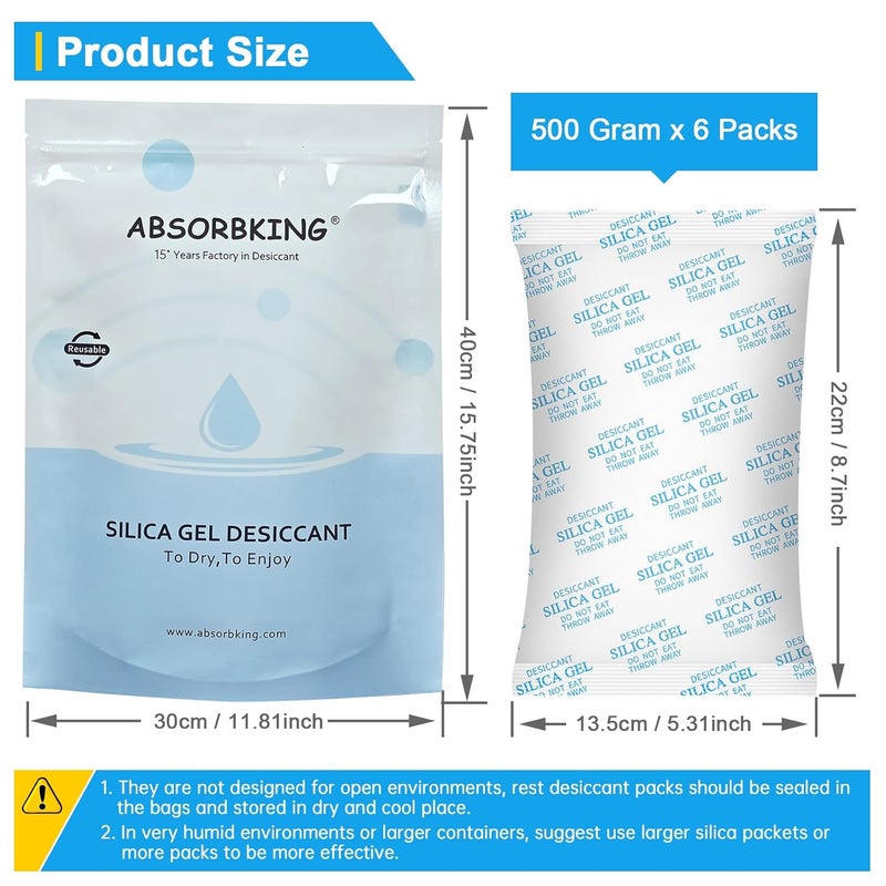 Absorbking Silica Gel Packs 500 Grams 6 Packs Moisture Absorbers Premium Transparent Desiccant for Storage - Image 2