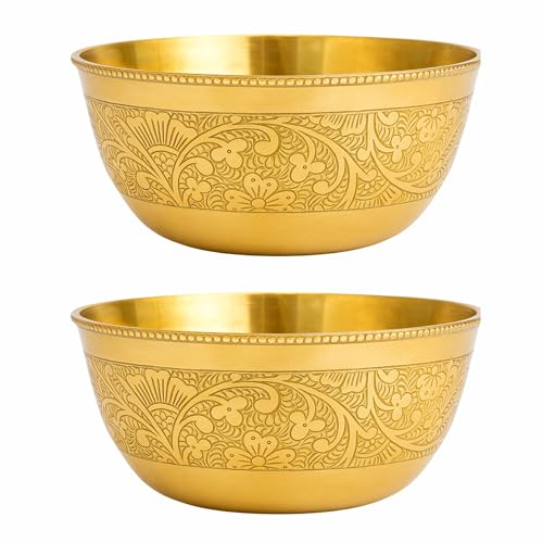 COPRASIA Brass Dining Bowl | Peetal ki Katori | Floral Etching Gold Bowl for Dining & Pooja | Traditional Handcrafted Brass Serving Bowl – 250 ml (Pack of 2) - Image 1