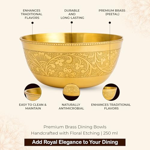 COPRASIA Brass Dining Bowl | Peetal ki Katori | Floral Etching Gold Bowl for Dining & Pooja | Traditional Handcrafted Brass Serving Bowl – 250 ml (Pack of 2) - Image 2