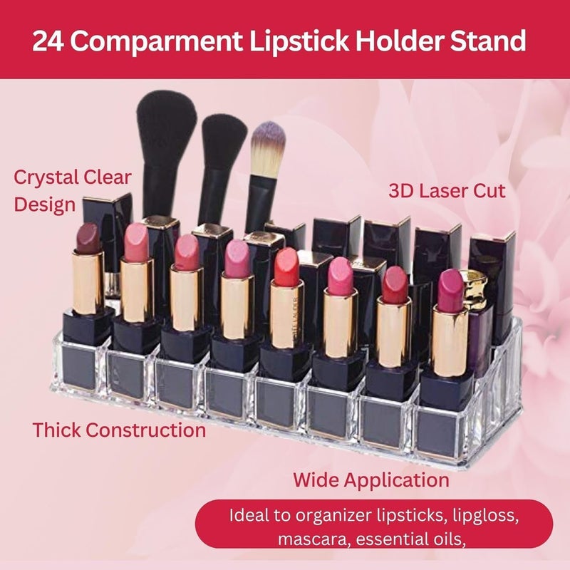 SUNAM Clear Acrylic Lipstick Holder Case 24 Compartment Lipsticks Storage Organiser tray Cosmetic Grid Organizer Stand Pack of 2 - Image 3