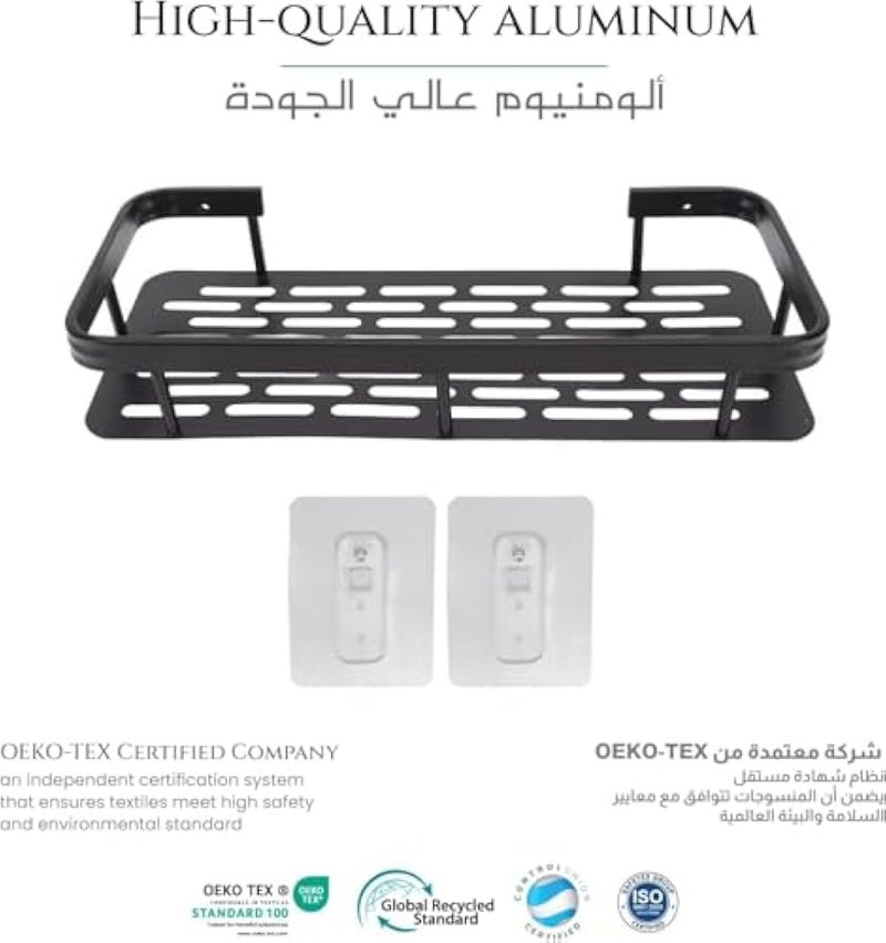 Shower Shelf Wall Mounted Bathroom Storage Rack Aluminum Adhesive No Drilling Rust Resistant Black - Image 2