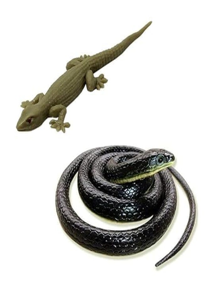 ROCK WORLD Brown Lizard and Black Fake Snake Combo Toys | Real Looking Rubber Lizard Toy | Original Look Chipkali Toy | Rubber Snake Prank Gadget for Kids and Adults (Pack of 1 Lizard & 1 Snake) - Image 1