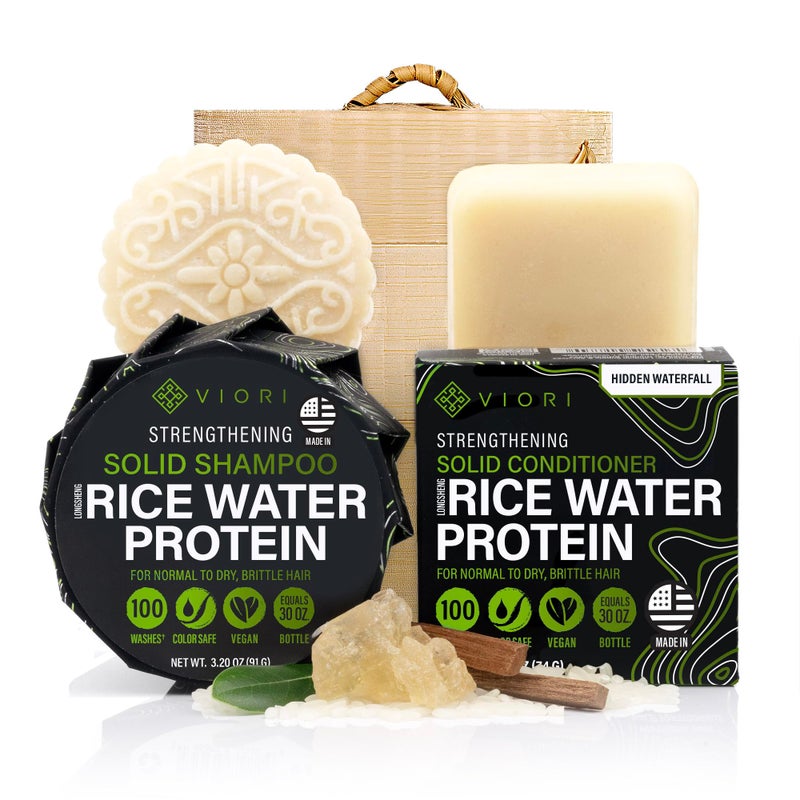 Viori Hidden Waterfall Shampoo and Conditioner Bar Set and Bamboo Holder - Made with Rice Water for Hair Growth - Handcrafted Sulfate Free Shampoo and Conditioner - Image 1