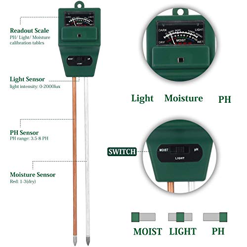 PERDANT Soil Tester 3 in 1 Soil Moisture ph Meter Test | PH Level Measurement for Garden Farm,Lawn | PH Acidity Moisture Light | Indoor/Outdoor Soil Analyzer Detector for Testing | (Green) - Image 3