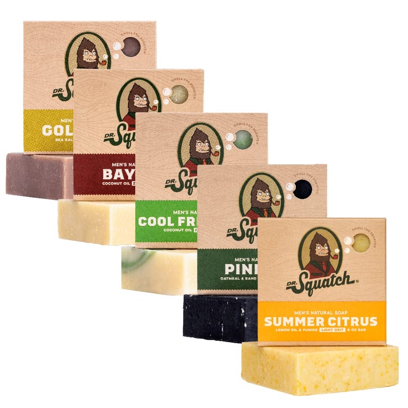 Dr. Squatch صابون بار طبيعي للرجال من دكتور سكاتش - صابون بارد بدون مواد كيميائية قاسية - حمضيات الصيف، صبار بارد منعش، طحلب ذهبي، روم الخليج وقطران الصنوبر (5 أونصات، 5 عبوات) - Image 1