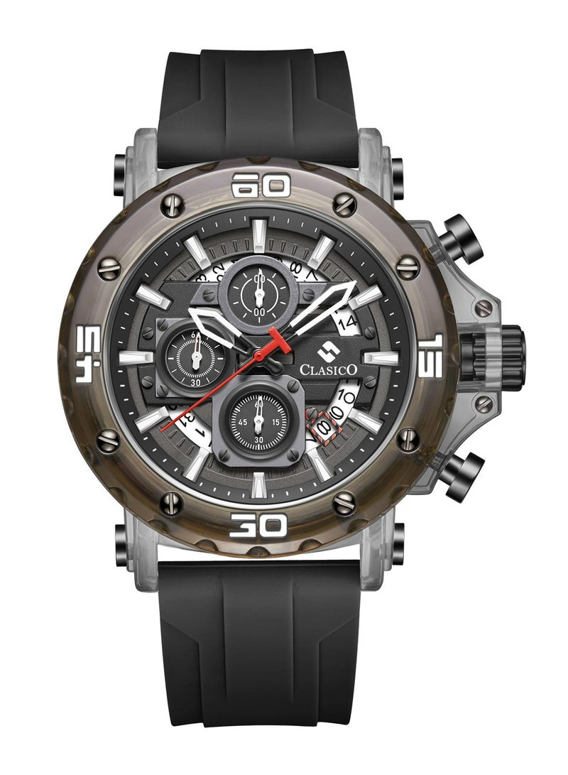 Clasico Obsidian Drive Men’s Luxury Chronograph Watch | 45mm Black Dial | Elite PE903 Movement | Black Silicone Strap | 3ATM Water Resistant Luxury Watch - Image 1