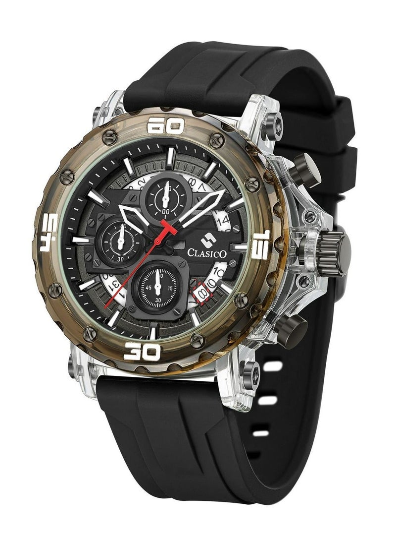 Clasico Obsidian Drive Men’s Luxury Chronograph Watch | 45mm Black Dial | Elite PE903 Movement | Black Silicone Strap | 3ATM Water Resistant Luxury Watch - Image 3