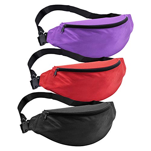 INNOLIFE Unisex Men Women Fashion Sporty Multi-purpose 2-Zipper Waist Belt Bag Fanny Pack Adjustable Strap for Sport Hiking Traveling Passport Wallet(3-pack Black purple Red) - Image 1