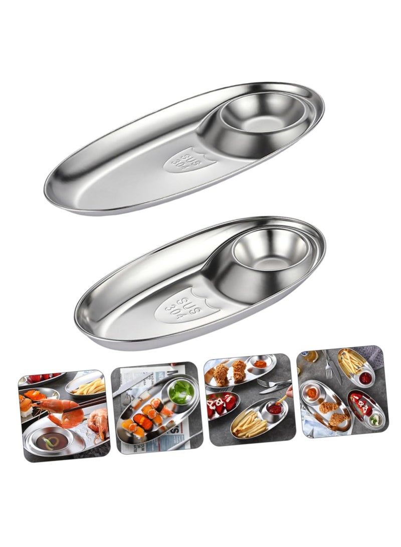Excefore Chip and Dip Tray, 2 Pcs Sauce Dish Sushi Plates Seasoning Bowl Chip, Stainless Steel Sauce Dishes Oval Dumpling Plate French Fries Holder Multifunctional Snack Trays for Sushi Salads - Image 2