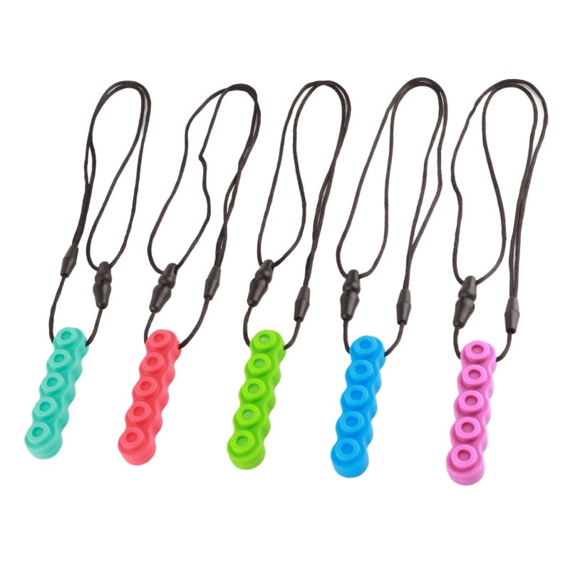 Soft Silicone Building Block Shape Chew Necklace 5 Pcs - Gum Massage Teething Toy for Autism ADHD Sensory Needs - Portable Chewable Pendant for Home Travel Shopping - Image 2